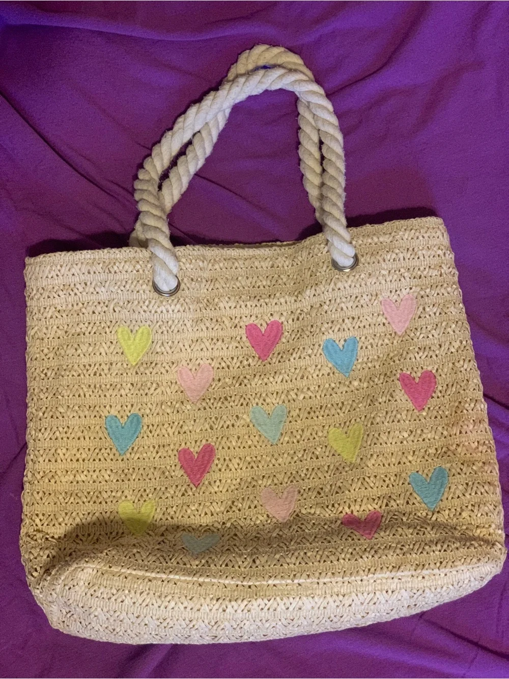 Cat & Jack Woven Straw Tote Bag - Natural w/ Pastel Hearts
